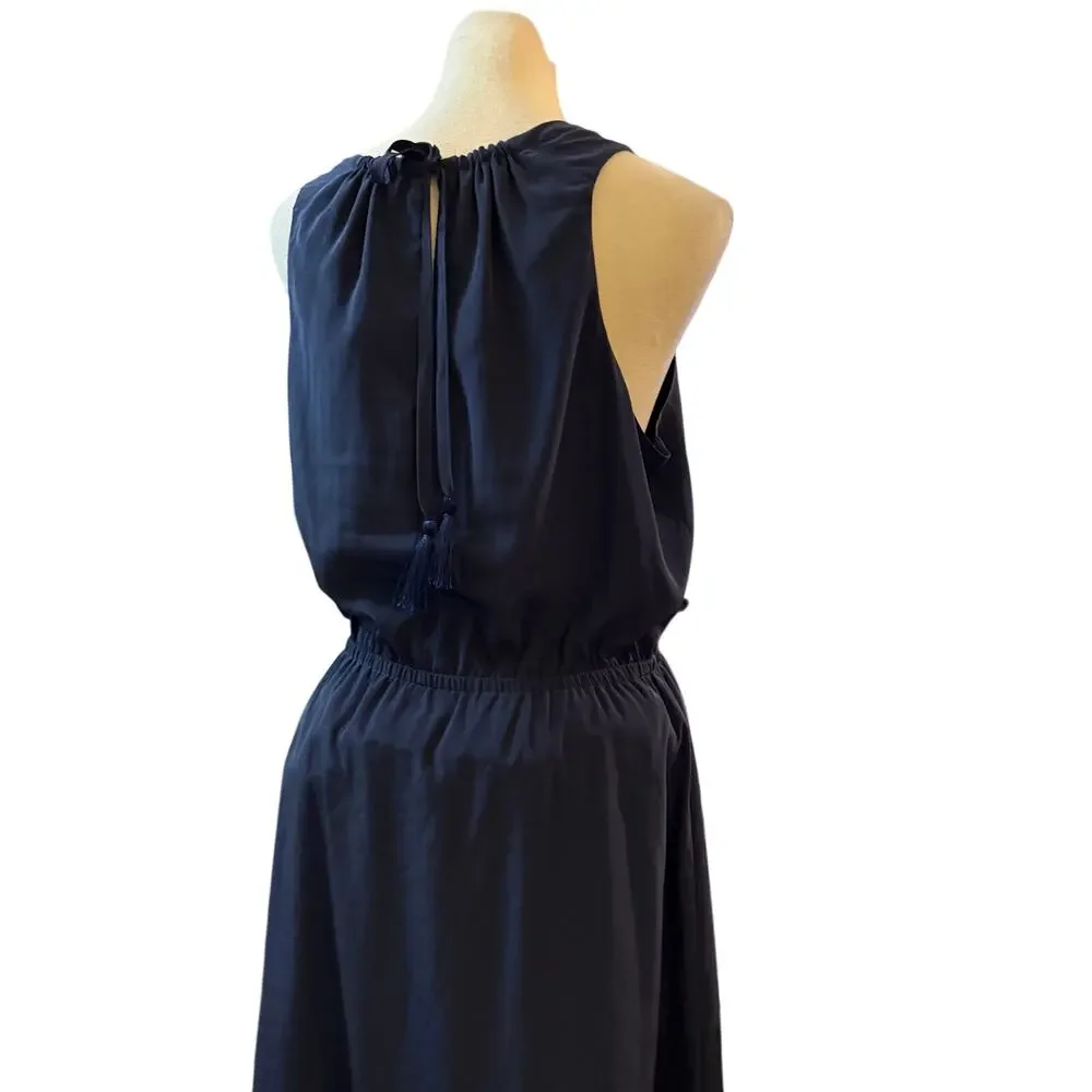 Athleta Martinique Navy Sleeveless Dress, Faux Wrap Tassel Tie Back, Large - Picture 4 of 7